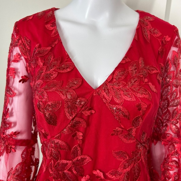 Emma Street Red Embroidered, Sequined, Bell sleeved, V-neck Midi dress, S, NWOT - Picture 2 of 16